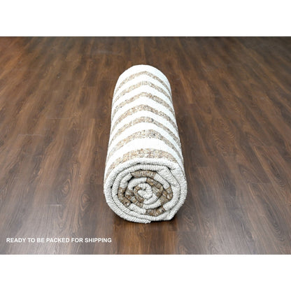12'2"X14'10" Brown Wool Minimalist Stripe Hand Knotted Oversized Rug