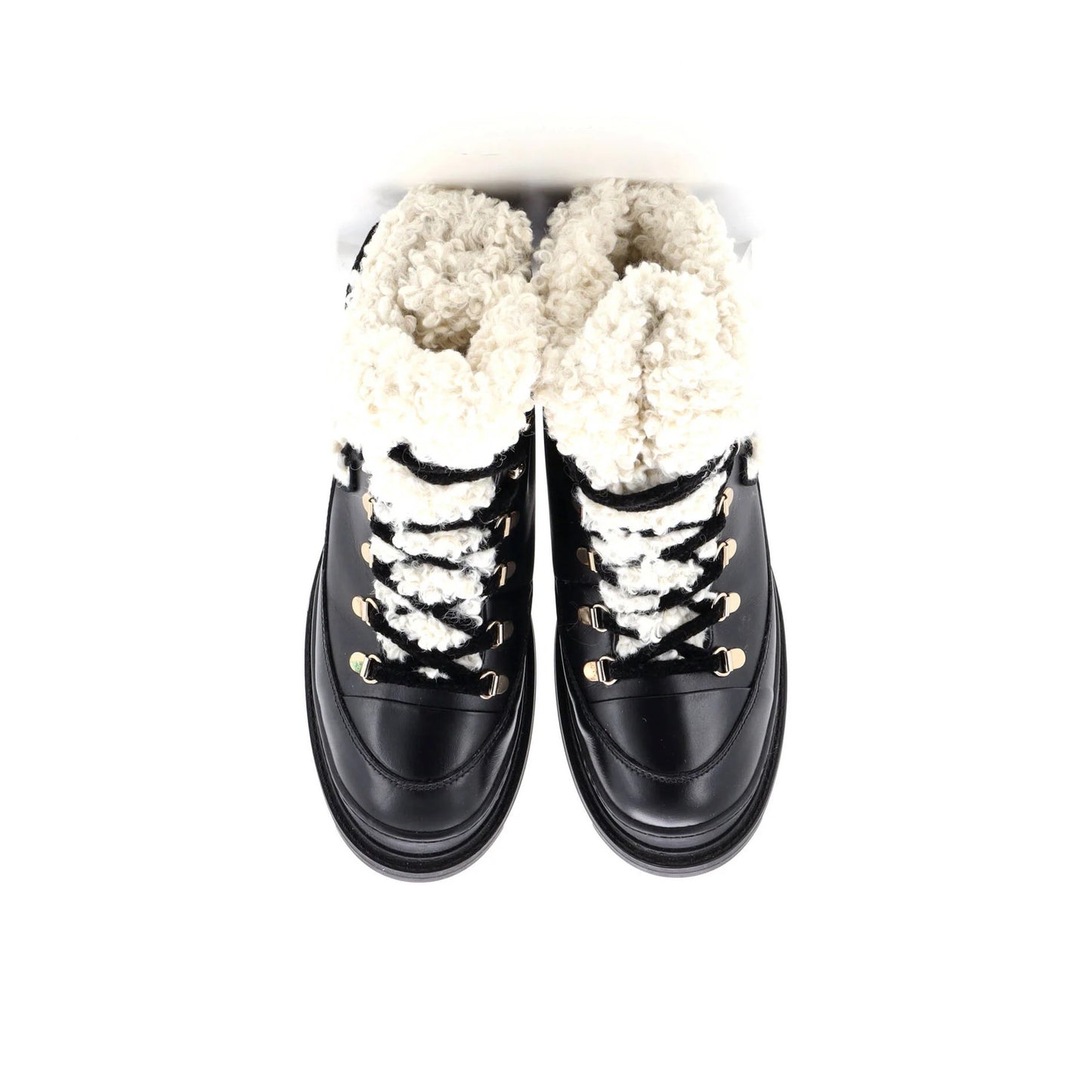 Chanel Women'S Cc Lace-Up Winter Boots Leather And Shearling