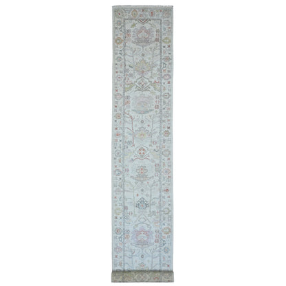 3'X22'5" White Angora Oushak Leaf Design All Wool Hand Knotted Runner Rug