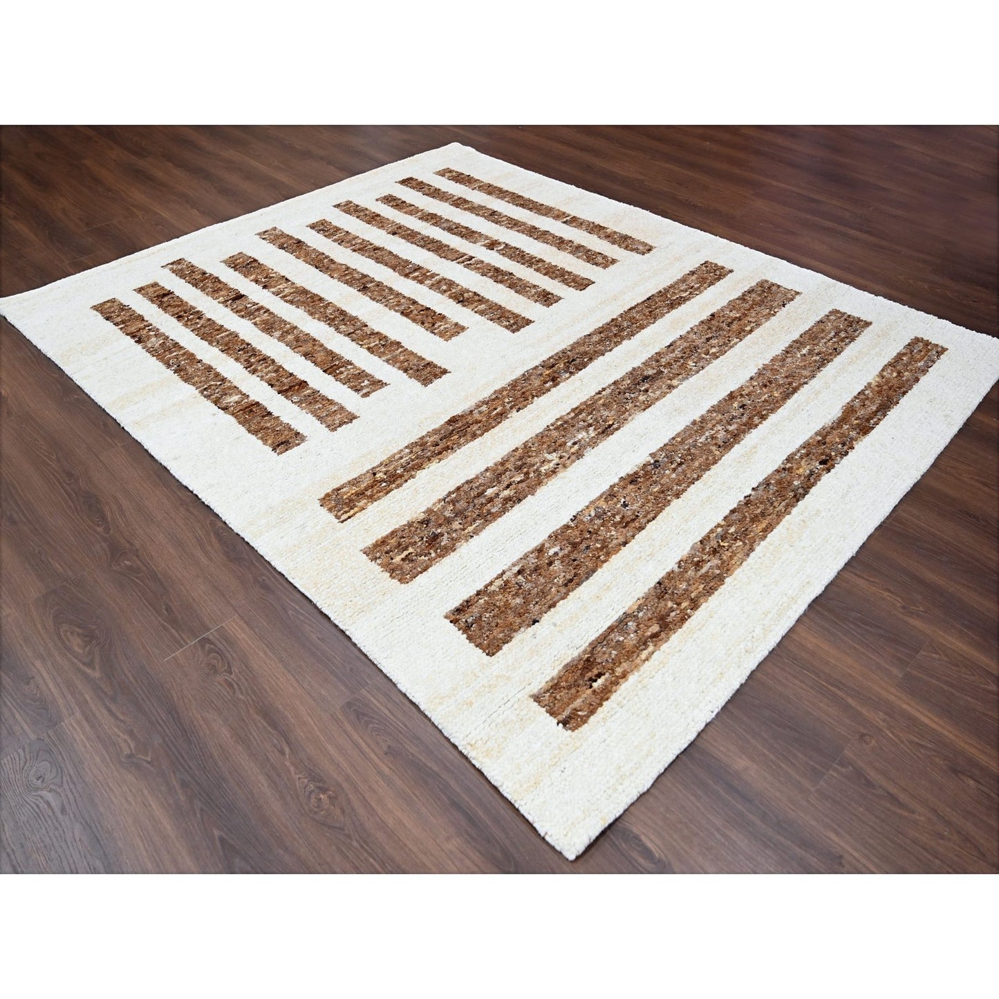 8'2"X9'10"Brown Wool Minimalist Stripe Design Hand Knotted Oriental Rug