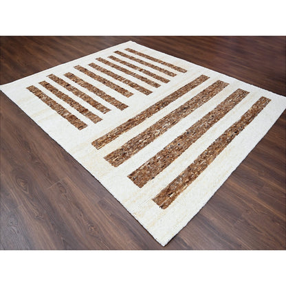 8'2"X9'10"Brown Wool Minimalist Stripe Design Hand Knotted Oriental Rug