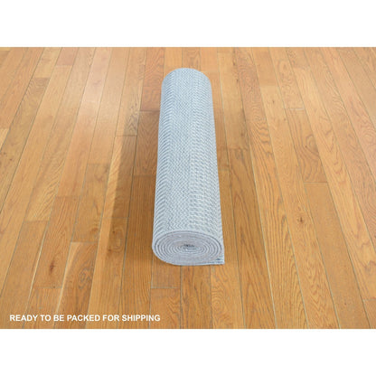 2'6"X12' Blue Grass Design Hand Knotted Wool And Silk Modern Runner Rug