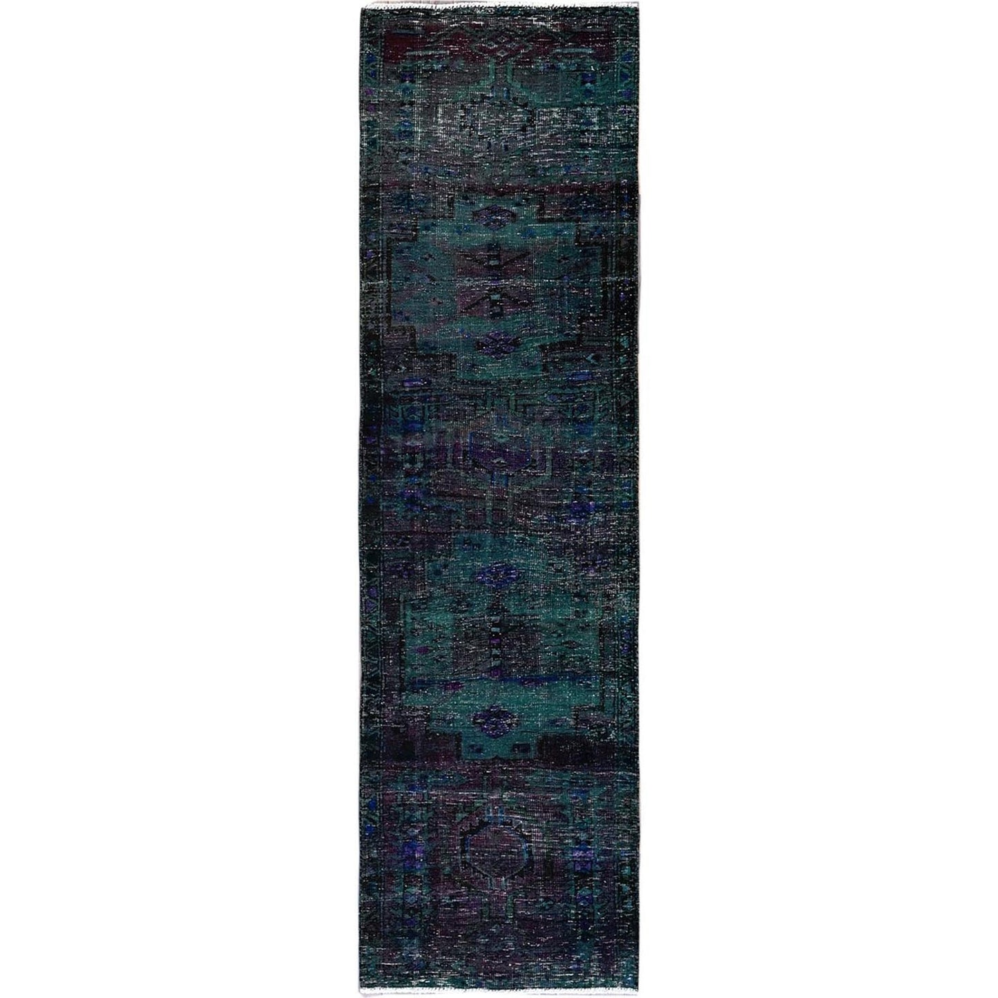 2'8"X9'6" Overdyed Green Vintage Zoroastrian Wool Hand Knotted Runner Rug