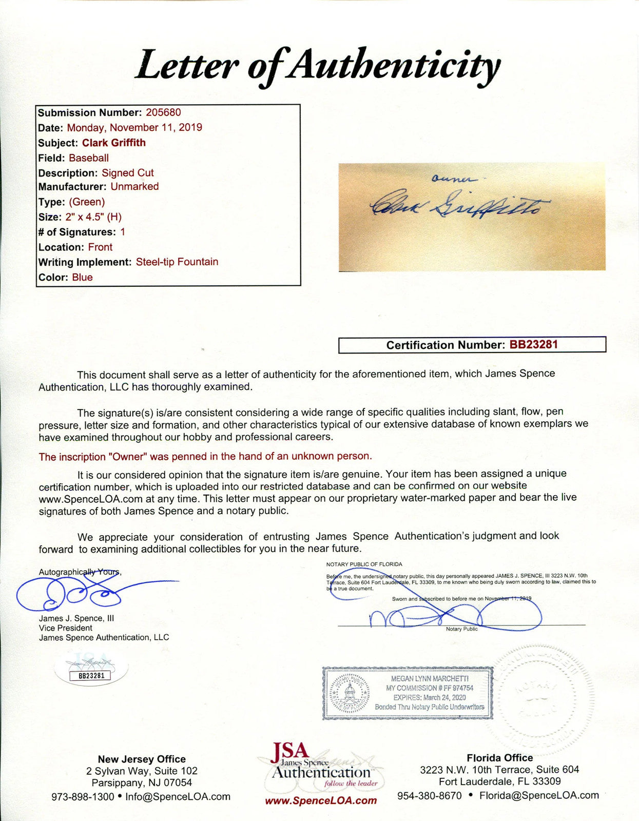 Clark Griffith Autographed Cut (Psa & Jsa)