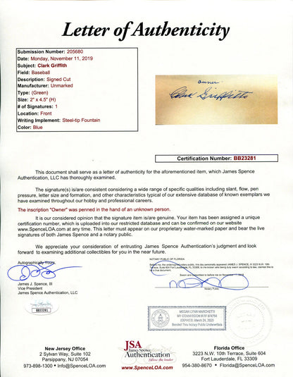 Clark Griffith Autographed Cut (Psa & Jsa)