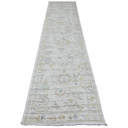 2'10"X12'5" White Hand Knotted Angora Oushak Leaf Design Wool Runner Rug