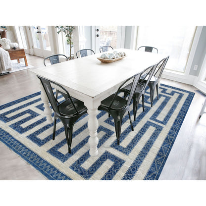 7'10"X9'9" Blue Wool Maze Design With Berber Influence Hand Knotted Rug