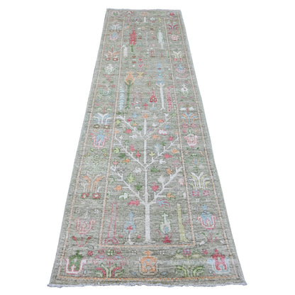2'9"X9'10" Green Angora Oushak Tree Design Wool Hand Knotted Runner Rug