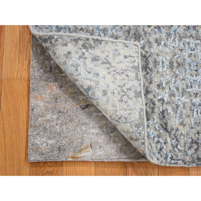 2'X3' Gray Wool And Silk Abstract Design Hand Knotted Oriental Rug