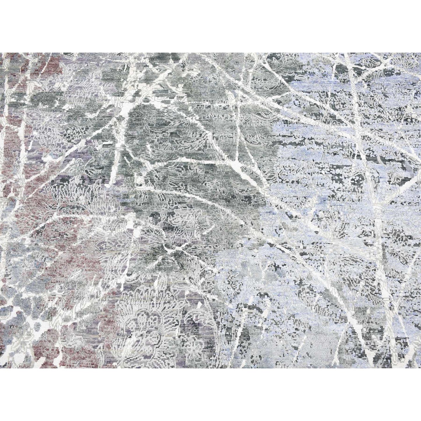 Rug 7'7"x10'1" Gray Hand Knotted Broken Zoroastrian Design Silk with Wool