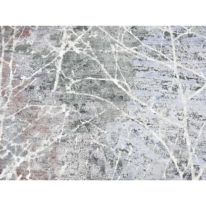 Rug 7'7"x10'1" Gray Hand Knotted Broken Zoroastrian Design Silk with Wool