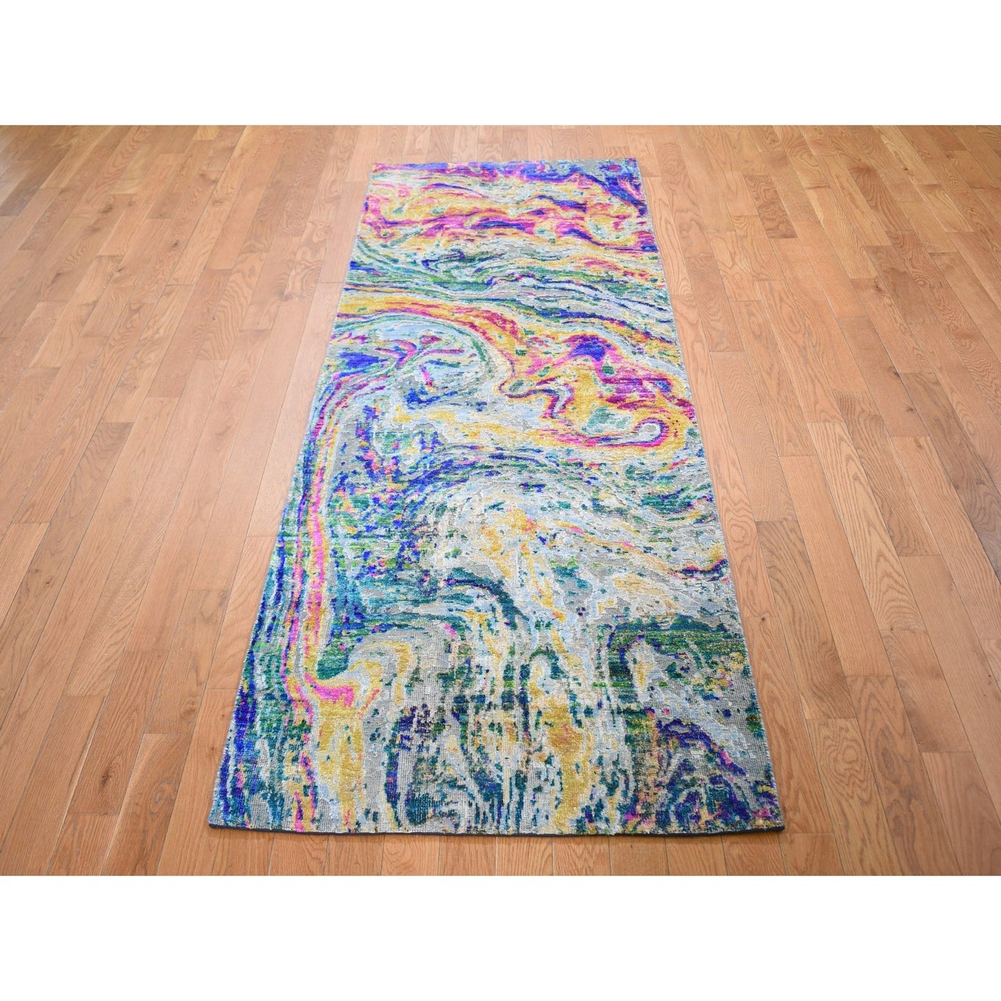 2'9"X8'2" Colorful Sari Silk With Textured The Lava Design Runner Rug