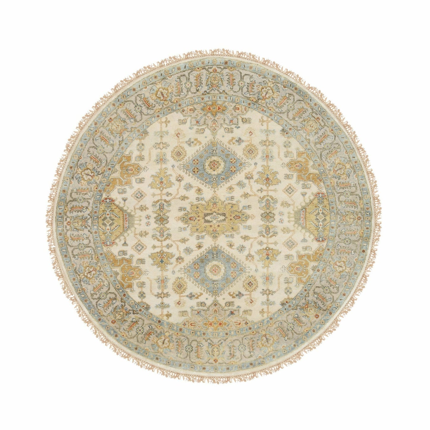 6'1"X6'1" Hand Knotted Ivory Karajeh Design Pure Wool Round Rug