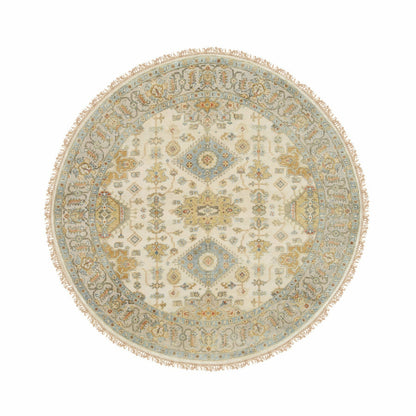 6'1"X6'1" Hand Knotted Ivory Karajeh Design Pure Wool Round Rug