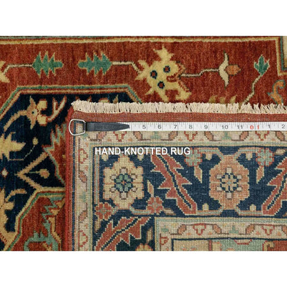 4'1"X6' Hand Knotted Red Antiqued Heris Re-Creation Geometric Design Rug