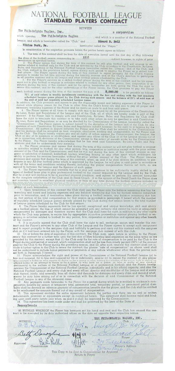 Bert Bell Philadelphia Eagles Signed/Autographed 1958 Contract Jsa 160875