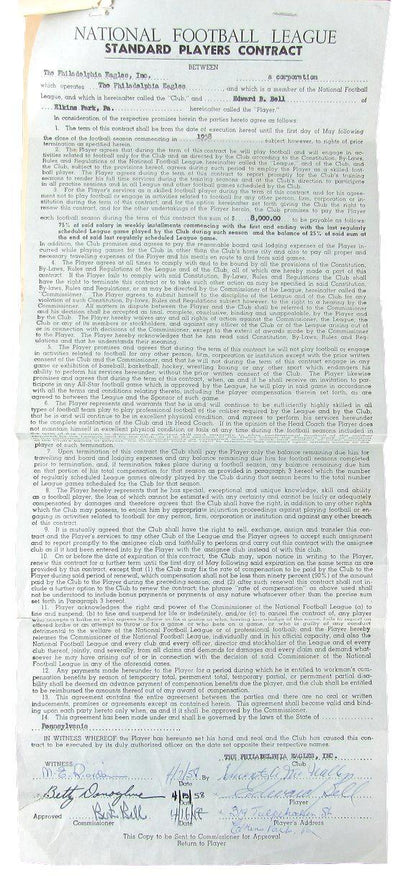 Bert Bell Philadelphia Eagles Signed/Autographed 1958 Contract Jsa 160875