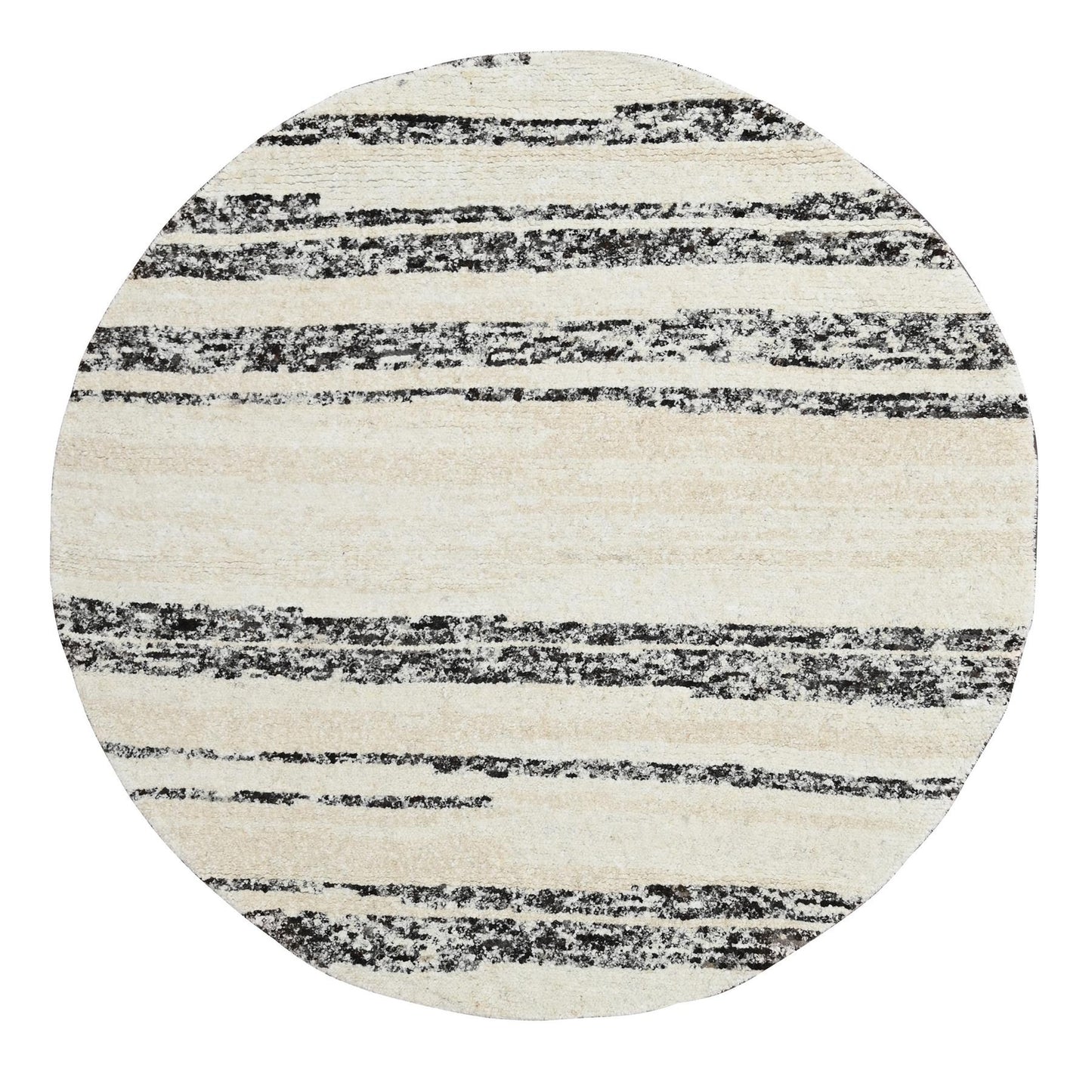 8'X8' Dark Brown And Ivory Striae Design Wool Hand Knotted Round Rug