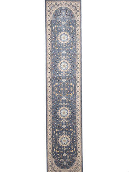 Blue-Gray Indo-Nain Wool Runner Rug Floral