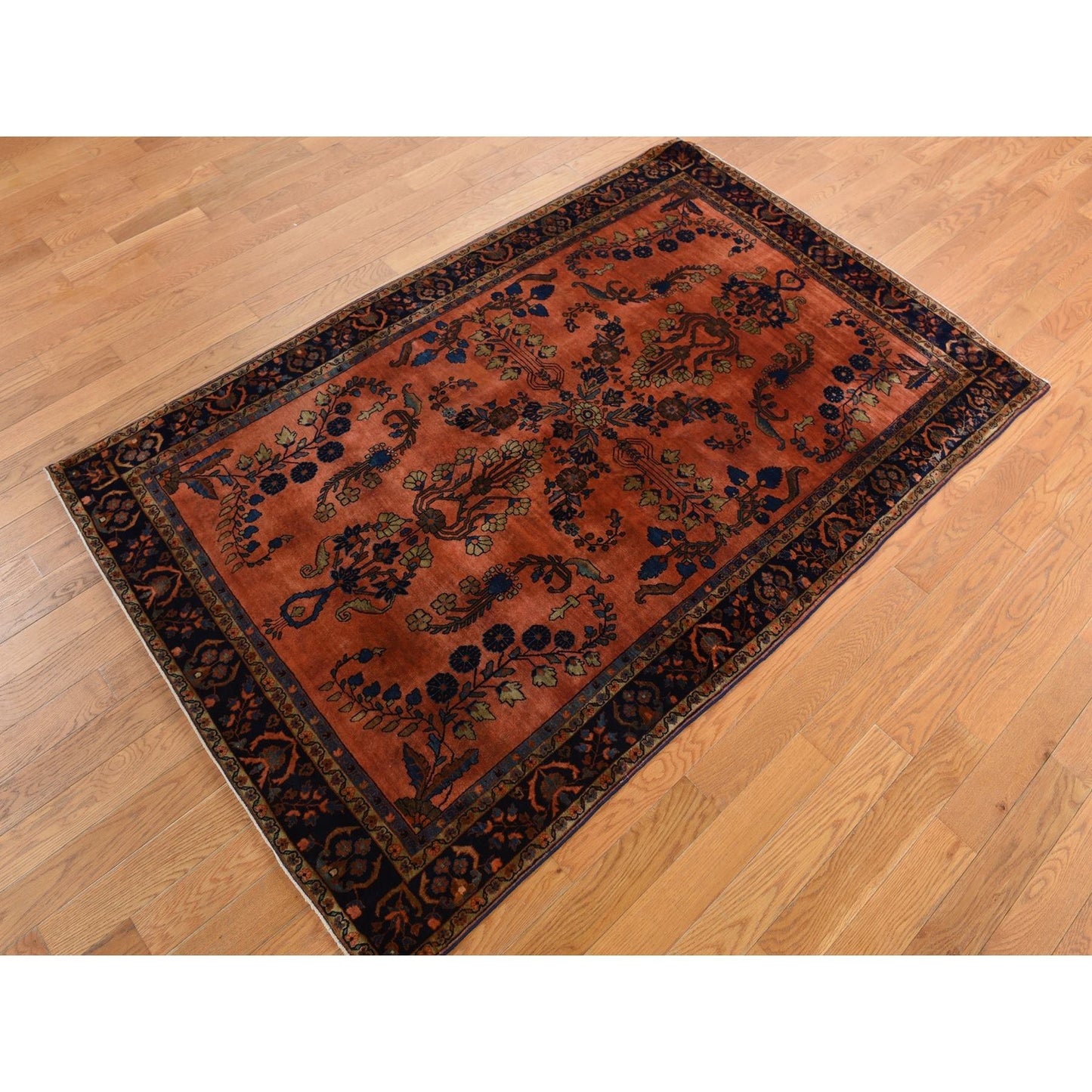 4'2"X6'4" Orange Rust Antique Zoroastrian Sarouk Mohajoren Oriental Rug