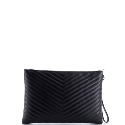 Saint Laurent Classic Monogram Wristlet Pouch Matelasse Chevron Leather Large