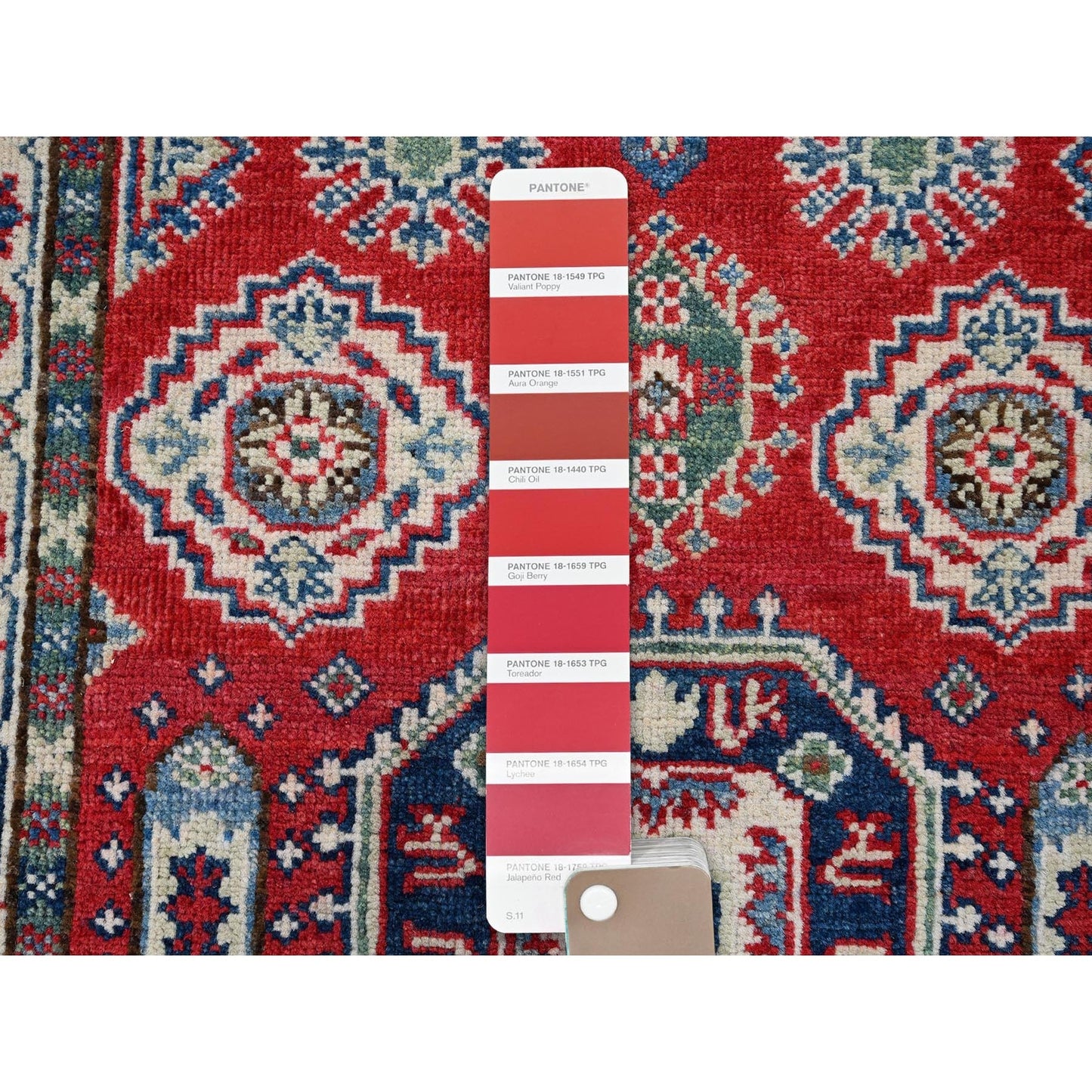 2'6"X4' Berry Red Kazak With Tribal Motifs Hand Knotted Soft Wool Mat Rug