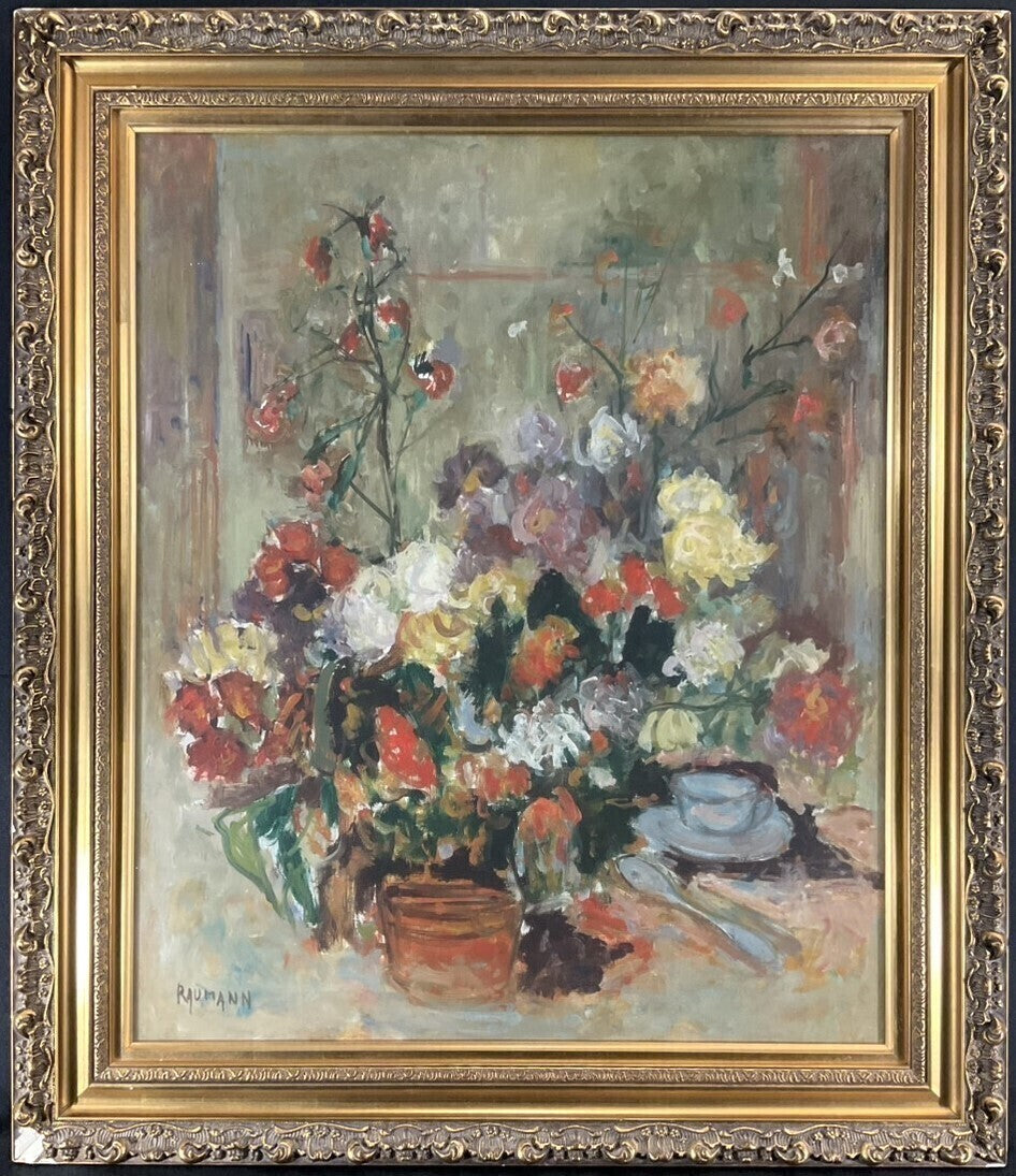 Signed Oil Painting Flowers Blue Teacup Framed Still Life