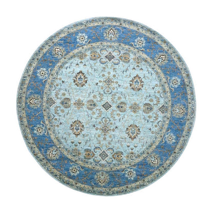 9'X9' Blue Agra Shah Abbas Flower Design Pure Wool Hand Knotted Round Rug