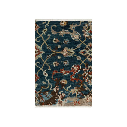 2'1"X3' Yale Blue Broken Pattern Oushak Design Wool Hand Knotted Mat Rug