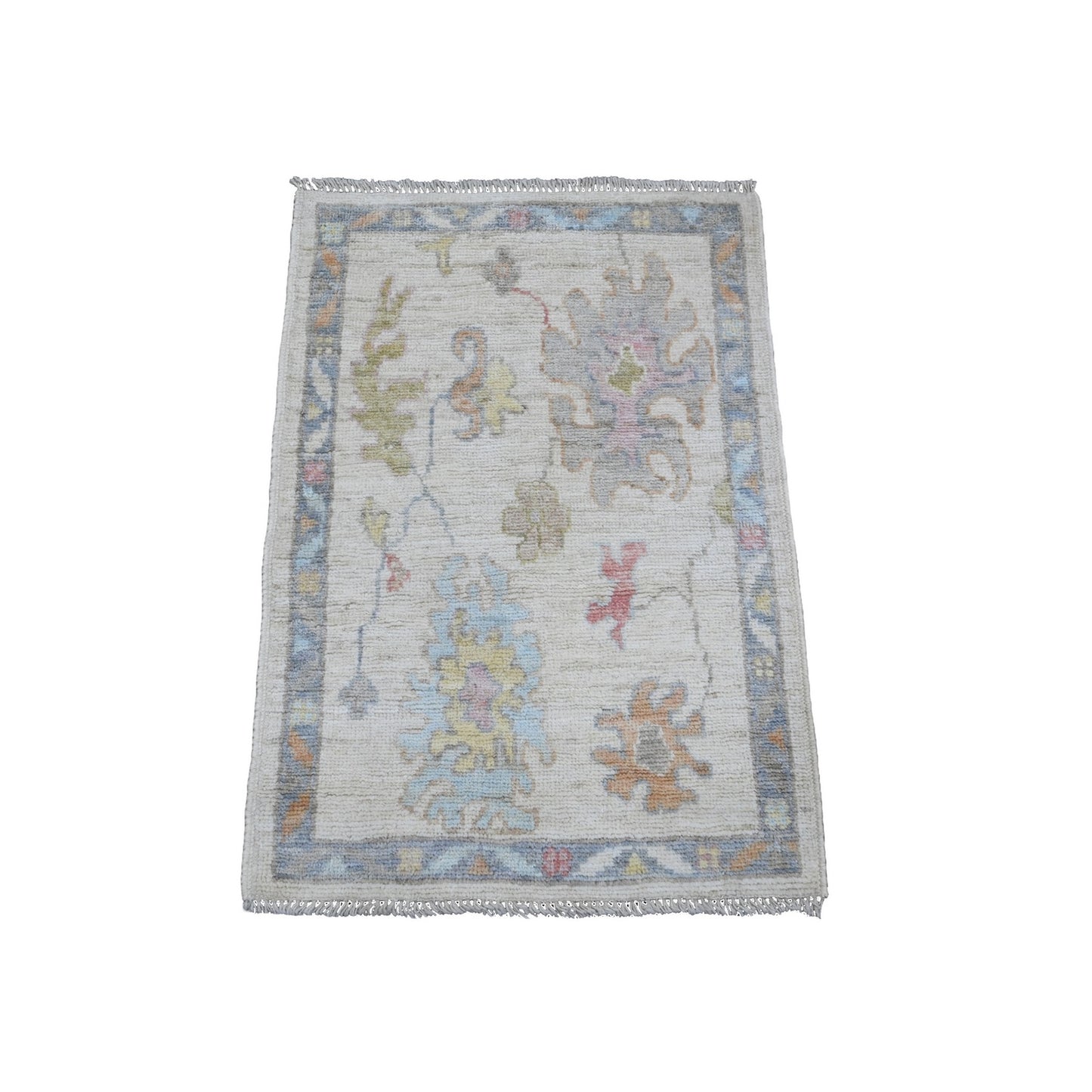 2'2"X3' White Hand Knotted Afghan Angora Oushak Leaf Pattern Wool Mat Rug