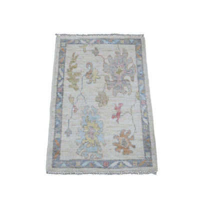 2'2"X3' White Hand Knotted Afghan Angora Oushak Leaf Pattern Wool Mat Rug