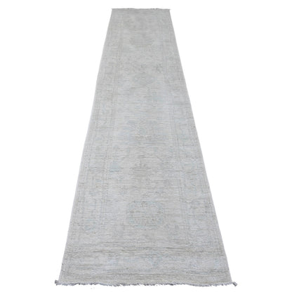 2'7"X11'7" White Hand Knotted Angora Oushak Leaf Design Wool Runner Rug