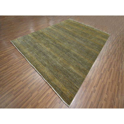 9'2"X12'6" Bone Brown Modern Grass Design Hand Knotted Wool And Silk Rug
