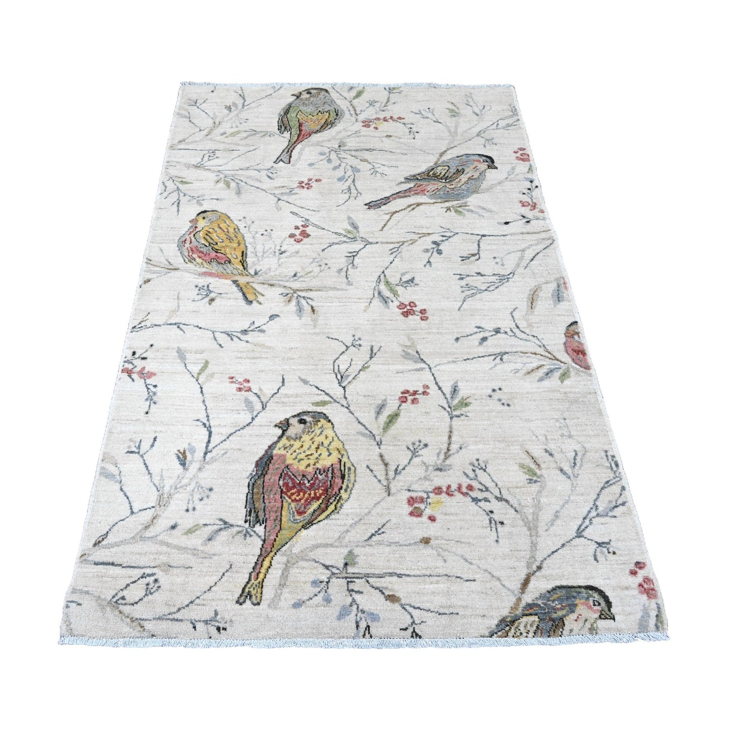 4'X6' Ivory Sparrows On The Tree Peshawar Soft Wool Hand Knotted Rug