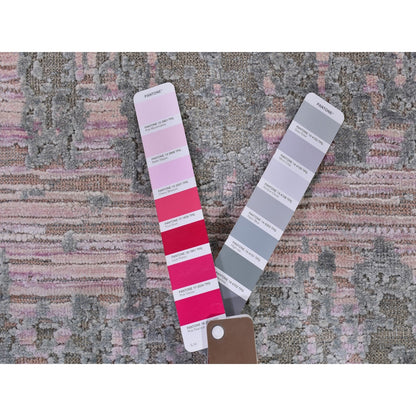 9'X12'5" Pink Cardiac Design Textured Wool And Pure Silk Hand Knotted Rug