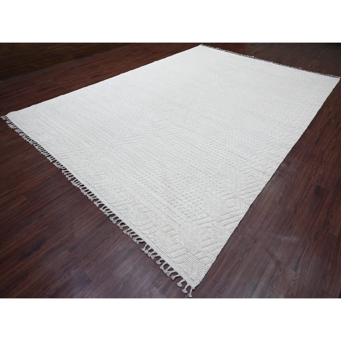 9'10"X14'1" White Moroccan Weave Diamond Pattern Hand Knotted Wool Rug