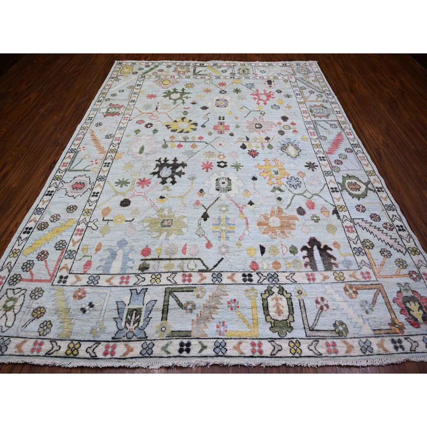 8'2"X10'5" Powder Blue Afghan Angora Oushak Soft Wool Hand Knotted Rug