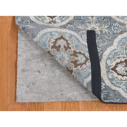 2'7"X9'10" Gray Mughal Design Silk With Wool Hand Knotted Runner Rug