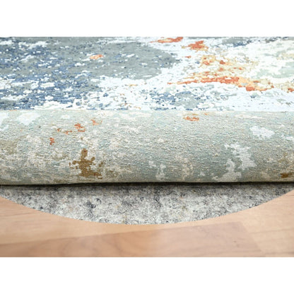 8'X8' Gray With Peach Abstract Design Pure Wool Hand Knotted Round Rug