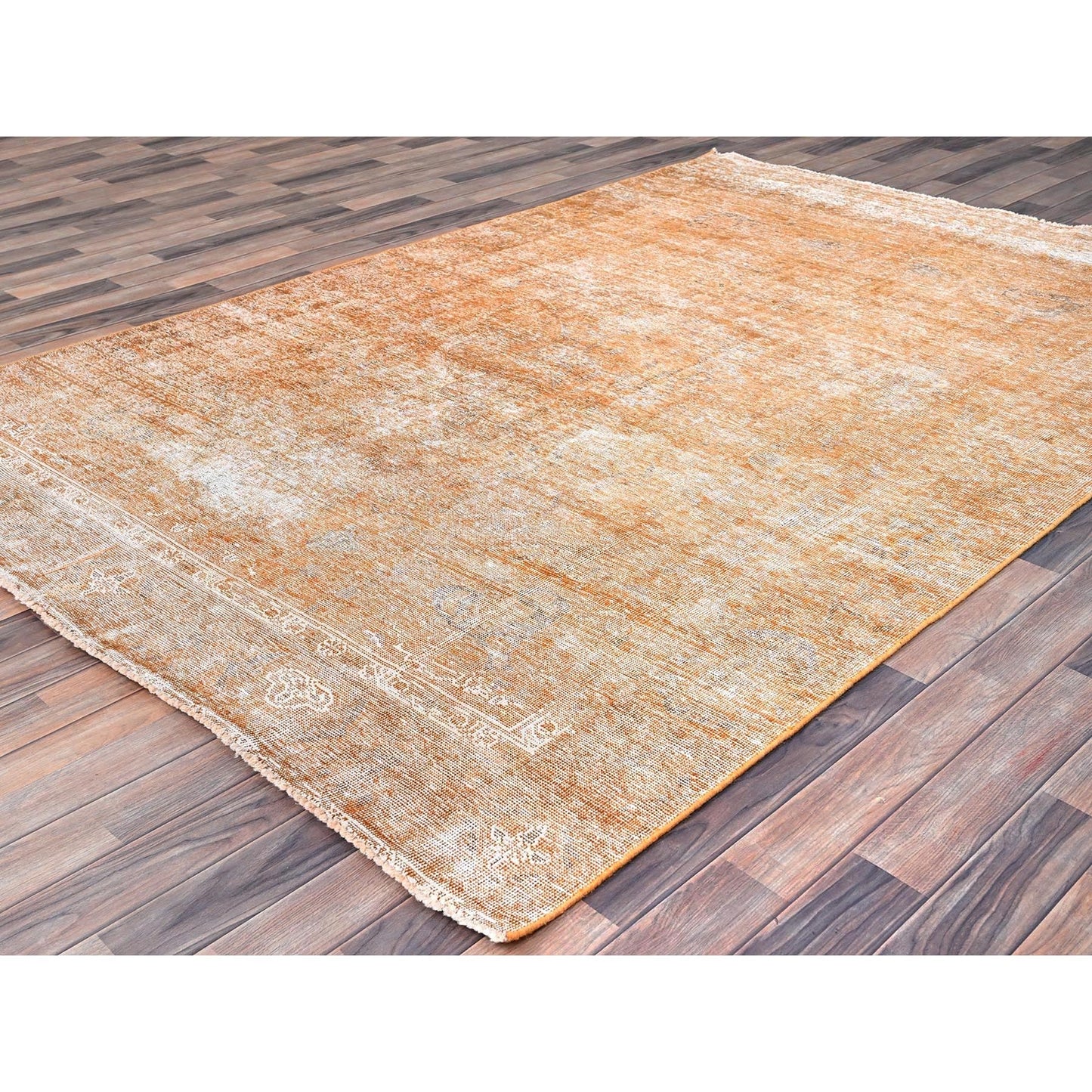 6'1"X9' Orange Overdyed Old Tebraz Distressed Look Wool Hand Knotted Rug