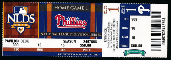 2010 Nlds Game 1 Phillies Vs. Reds Full Ticket