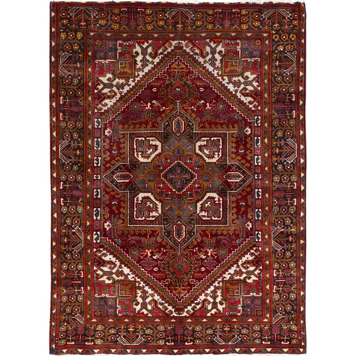 6'9"X9'4" Red Zoroastrian Heris Wool Good Condition Hand Knotted Rug