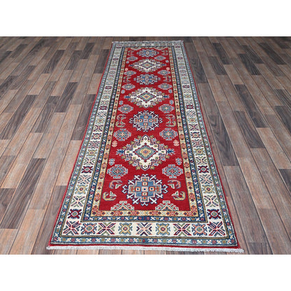 2'8"X8'2" Red Kazak With Medallions Design All Wool Hand Knotted Runner Rug