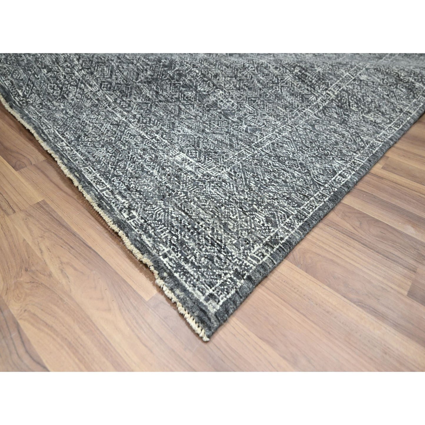 Rug 9'2"x12'1" Gray Geometric Garden Pattern Agra Hand Knotted Pure Wool