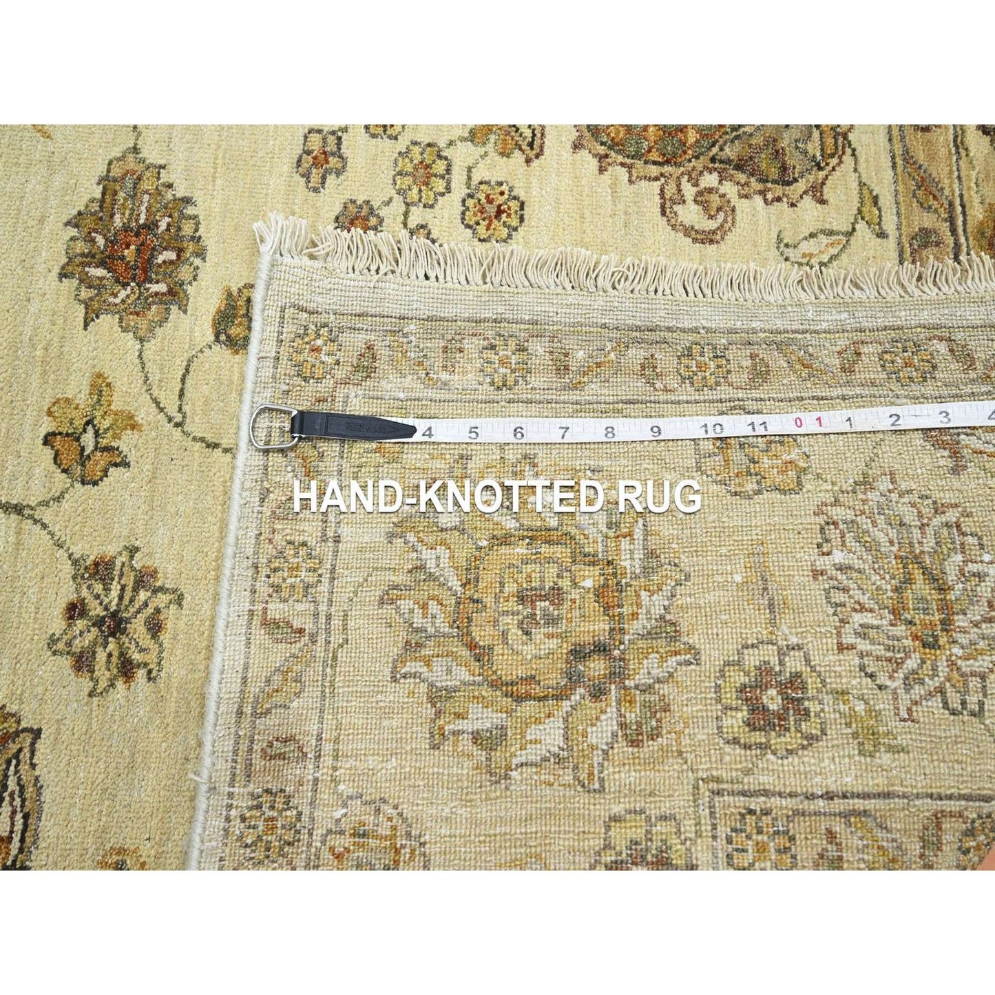 5'5"X8' Linen White Agra Colorful Leaf Pattern Hand Knotted Pure Wool Rug