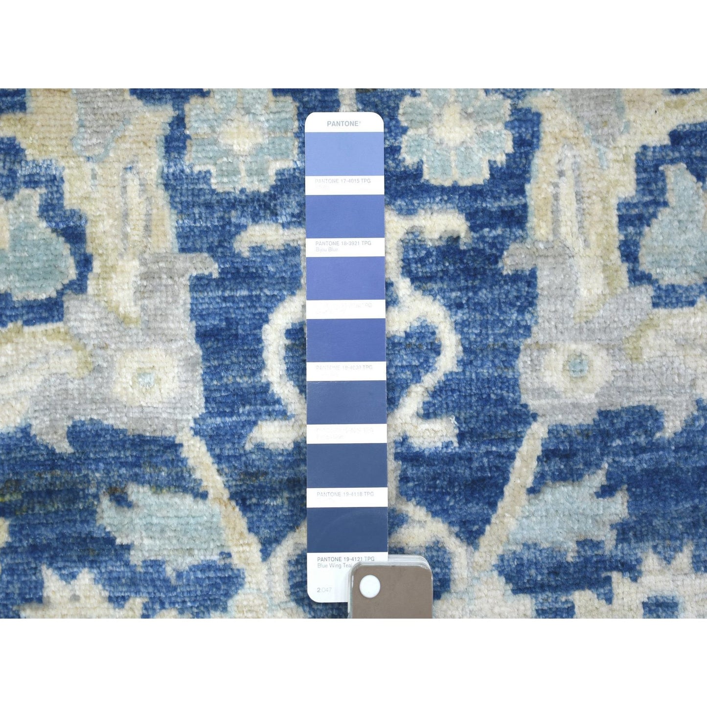 4'X10'3" Denim Blue Hand Knotted Fine Peshawar Wool Wide Runner Rug