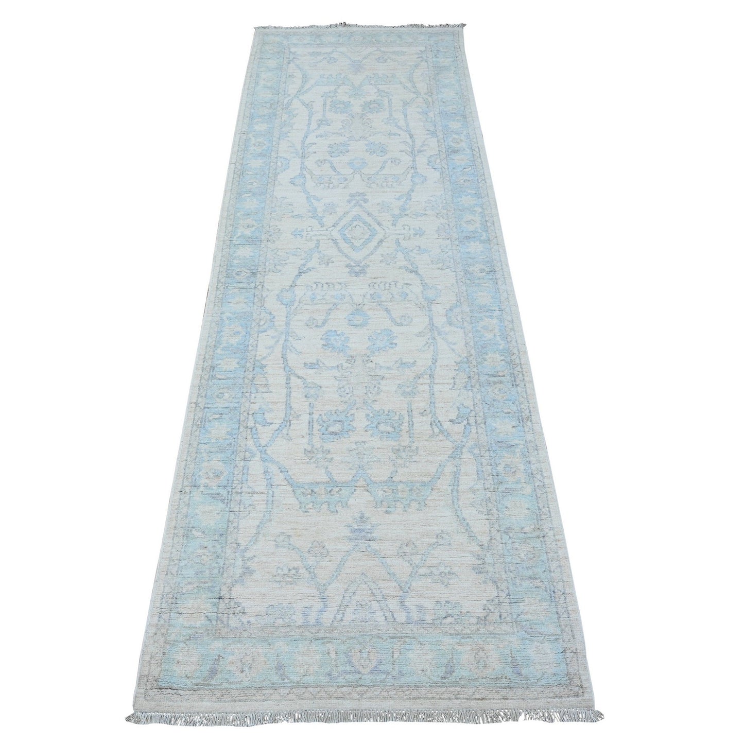 2'7"X8'2" Nebulous White Hand Knotted Washed Out Peshawar Wool Runner Rug