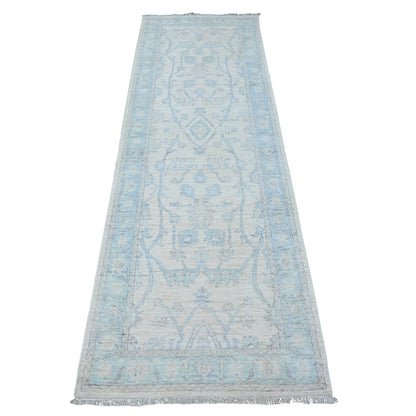 2'7"X8'2" Nebulous White Hand Knotted Washed Out Peshawar Wool Runner Rug