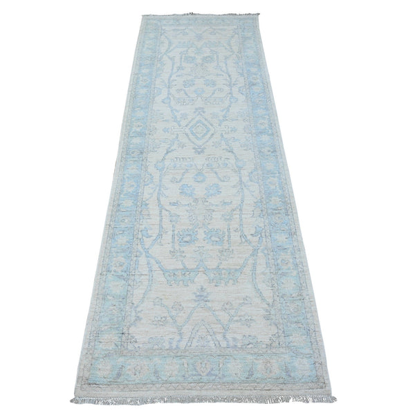 2'7"X8'2" Nebulous White Hand Knotted Washed Out Peshawar Wool Runner Rug