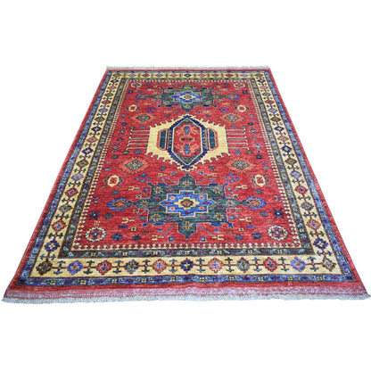 5'7"X7'7" Red Afghan Ersari With Geometric Design Pure Wool Oriental Rug